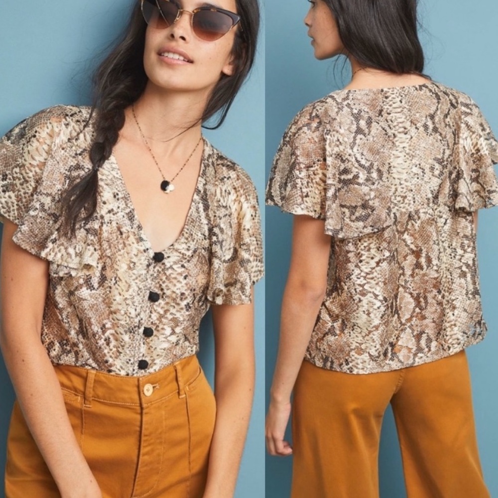 Anthropologie Eva Franco Willow Snake Print Lace Top Button Front Sz S
